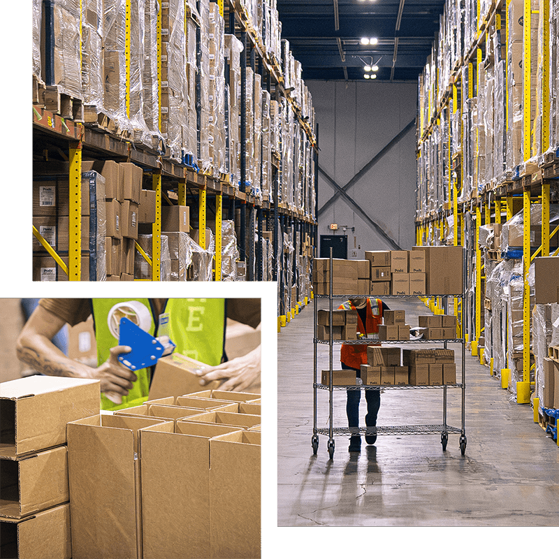 Collage showing warehouse kitting: a worker packing small boxes and an aisle of stacked inventory.
