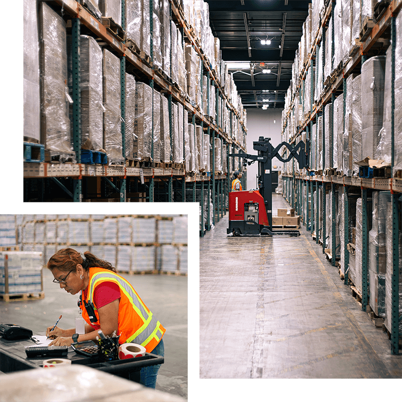 Collage of a busy, narrow-aisle warehouse with a forklift and a worker managing shipping documents.