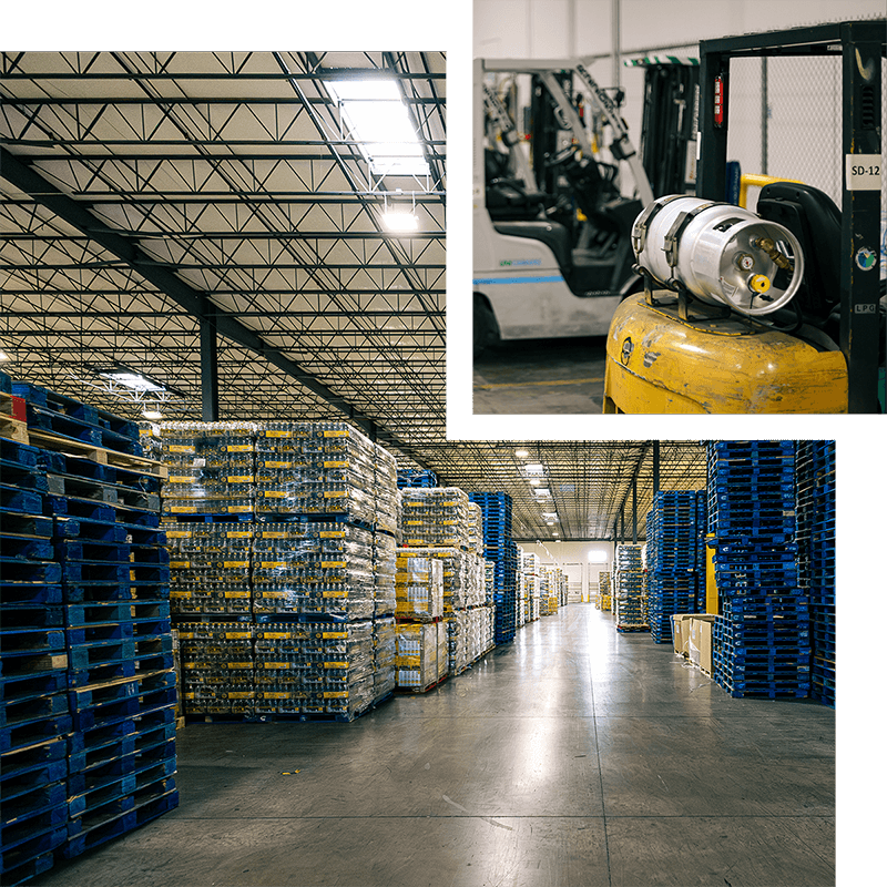 Collage of a wide warehouse with blue pallet stacks and a forklift with a propane tank.