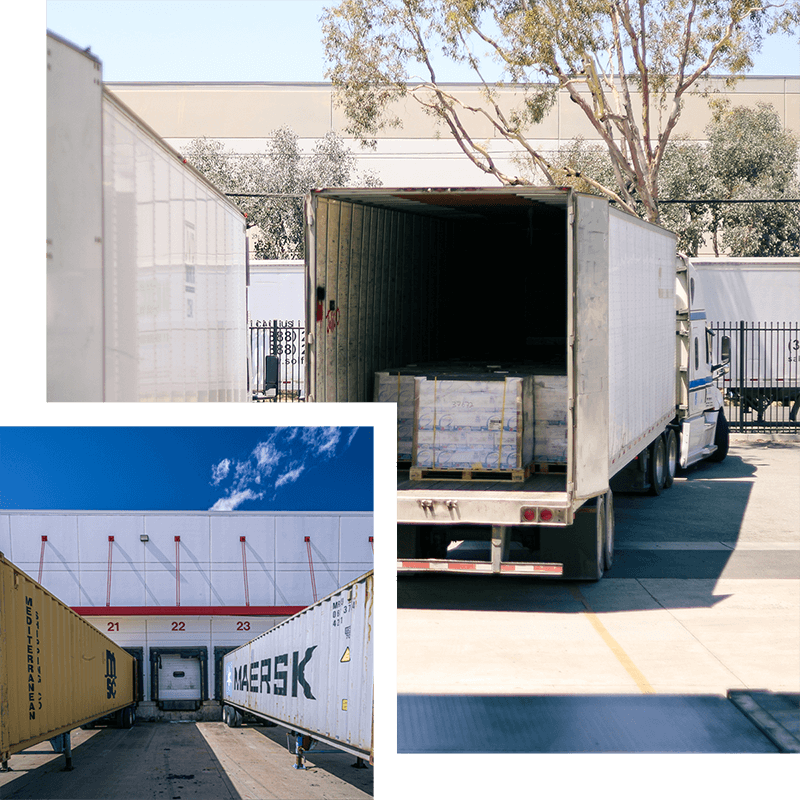 Collage of semi-trucks at a logistics center; one trailer is open and two others are at the loading dock.