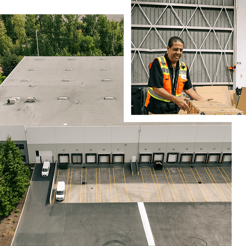 Collage showing the exterior loading docks of a warehouse and a smiling worker handling packages.