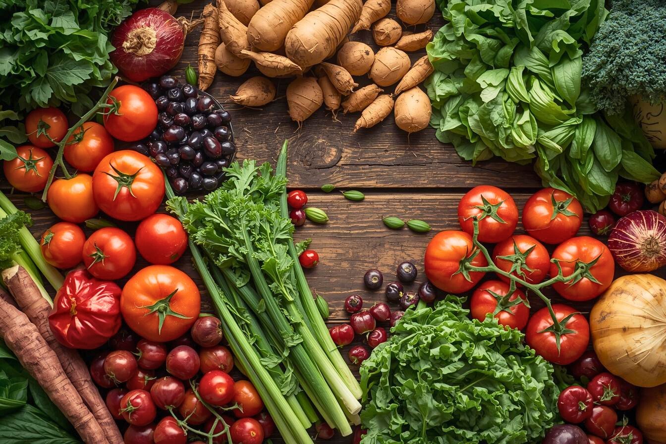 Top-down view of a rustic wooden table covered in a vibrant variety of fresh produce.