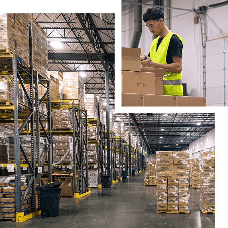 Collage of food and beverage inventory stacked in a warehouse and a worker inspecting a packaged product.